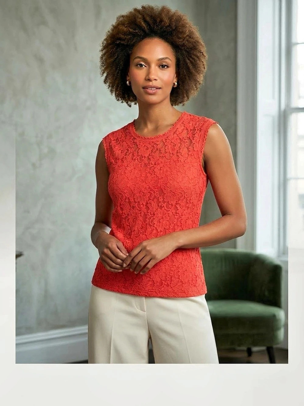 7th Avenue Designs Floral Lace Tank Top in Red Large Like New